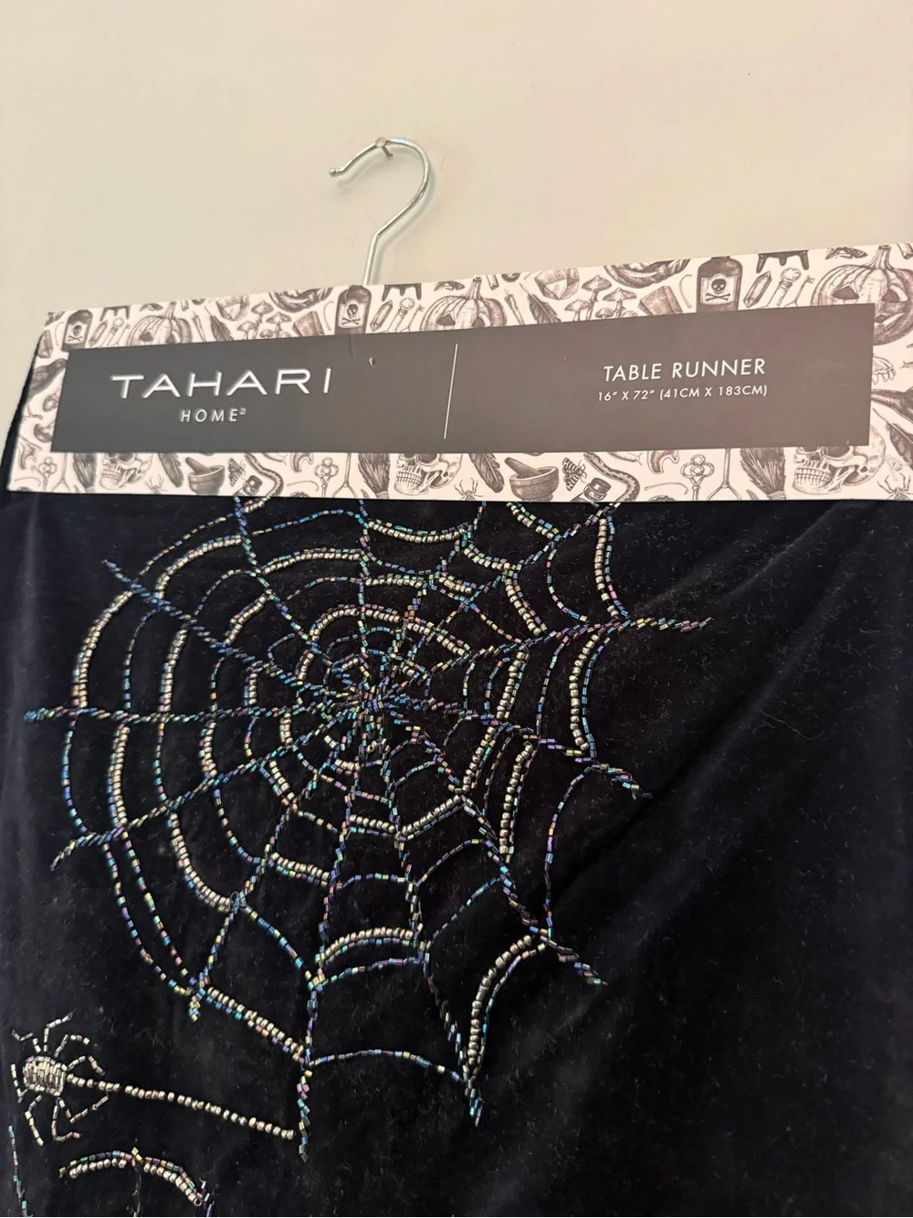 Tahari Black Velvet Table Runner with Beaded Spiderwebs